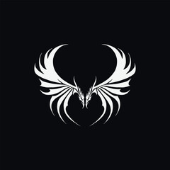 A vector graphic of a symmetrical winged bat with fangs and tribal designs, simple and minimalistic, on a black background, in white