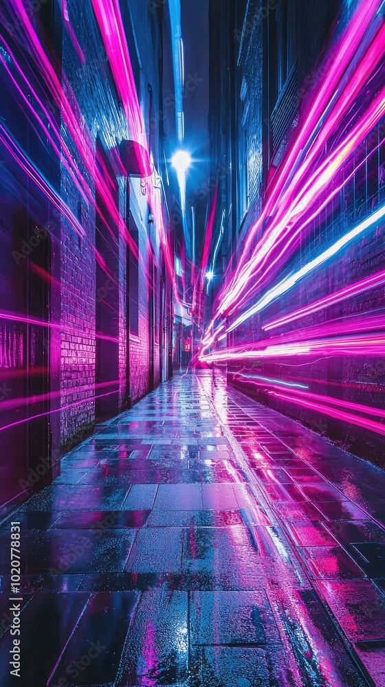 Poster vibrant alley illuminated by neon lights, creating dynamic lines of color reflecting off the wet pav