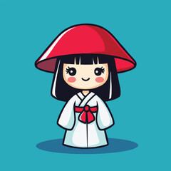 Cute Japanese girl with red hat and white robe in simple style, vector graphics, flat colors, minimalistic lines