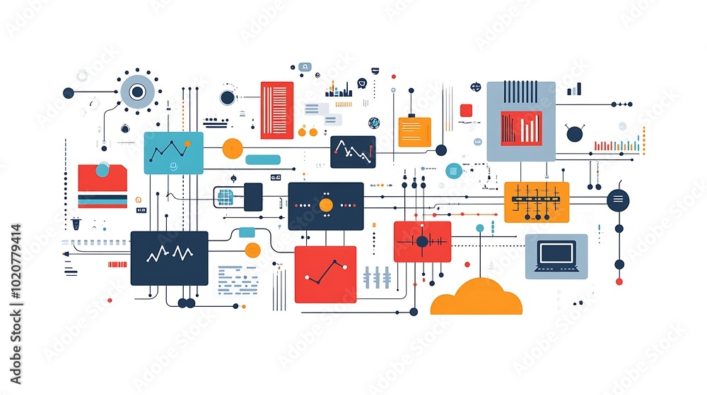 Poster abstract representation of data flow and processing in a modern tech system