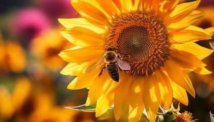 Naklejka premium Bee pollinating a sunflower