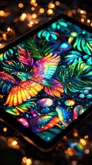 Vibrant digital artwork featuring a colorful bird amidst lush foliage, illuminated by enchanting fairy lights.