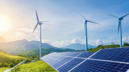 Modern renewable energy industry showcasing a hybrid system of solar and wind power in a vast open landscape