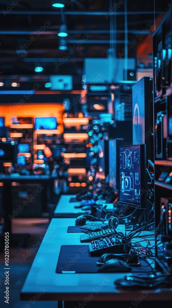 Aufkleber vibrant gaming setup featuring multiple monitors and equipment in a modern tech store, illuminated w