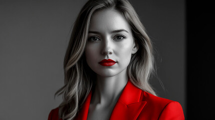 Confident woman in red business suit, black and white photograph for design and advertising projects