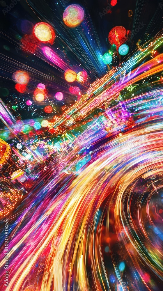 Poster vibrant light trails and colorful bokeh create a dynamic, festive atmosphere in this stunning abstra