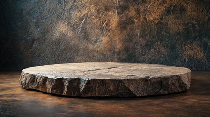 Rustic wooden display platform on dark background