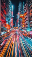 Fototapeta premium Vibrant night scene of a busy city street illuminated by neon lights and dynamic traffic streaks, showcasing urban life.