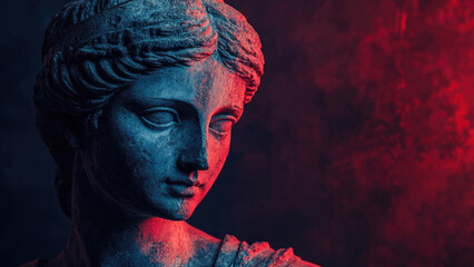 Classical statue with neon blue and red lighting
