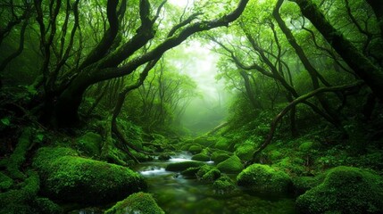 Fototapeta premium Misty green forest stream with mossy rocks.