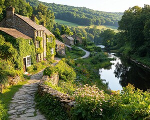 Image of charming stone cottage village by a river.