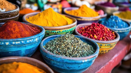 Fototapeta premium Colorful Spices in Ceramic Bowls at a Market