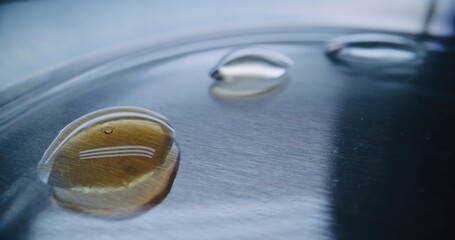 Professional chemist or scientist adding liquid in water drops on Petri dish using needle. Scientific or chemical experiment. Analysis in advanced medical science lab. Vaccine development. Close Up.