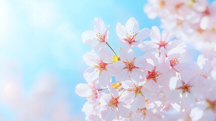 Fototapeta premium close-up of delicate cherry blossoms against a clear blue sky, capturing the essence of springtime