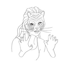 female portrait. vector artwork. woman with tiger mask. hand drawn illustration. 