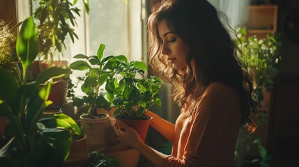Fototapeta premium Woman Holding a Plant by Window
