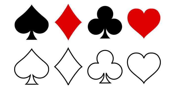 Suit deck of playing cards on white background. Vector icon set. Cards symbols. Diamodns, hearts, clubs, spades symbol or sign set.