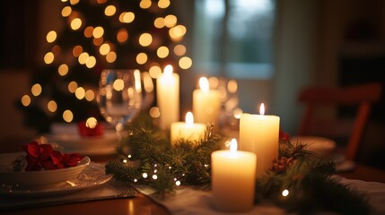 A festive Christmas table with twinkling candles and evergreen branches, evoking the warmth of new beginnings and holiday happiness.