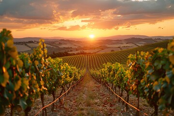 Naklejka premium As the sun sets over the sprawling vineyards of Tuscany, rows of grapevines stretch into the horizon, illuminated by the warm glow of the evening light, creating a picturesque landscape