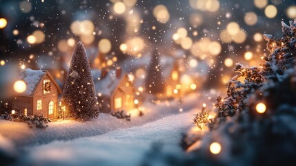 Naklejka premium A snow-covered Christmas scene with glowing lights and festive decorations, capturing the happiness and new beginnings of the holiday season.
