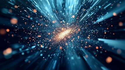 Naklejka premium A vibrant cosmic explosion with glowing particles and light beams moving through a dark space environment
