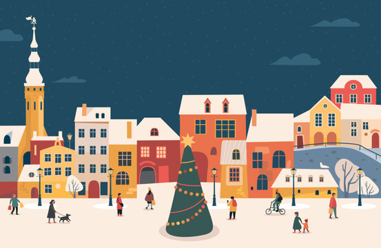 City square with Christmas tree and happy people walking on the street on winter holidays. European Old town at Xmas eve with cozy buildings. Flat vector illustration