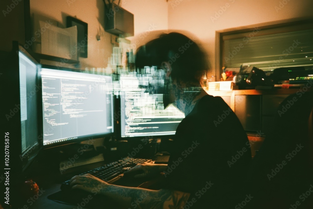 Poster programmer working late at night in a dimly lit office