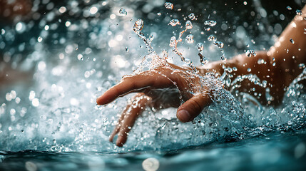 close-up shot of a swimmer's hand slicing through the water during a race, with splashes surrounding the motion, conveying speed and skill
