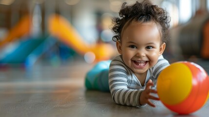 Fototapeta premium A smiling baby holding a yellow ball