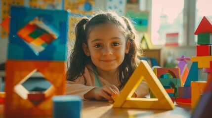 A young girl is sitting at a table with a pile of blocks in front of her