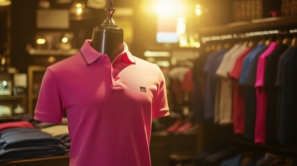 Fototapeta premium Vibrant pink polo shirt on display in clothing store