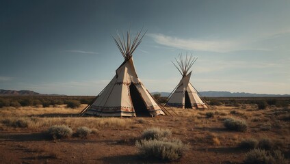 Two teepees in a barren desert-like landscape with no visible human activity or figures
