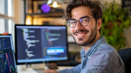 A man wearing glasses is smiling and sitting in front of two computer monitors