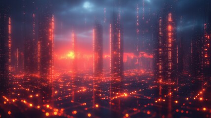 Obraz premium Futuristic cityscape at sunset with glowing red data lines, creating a sci-fi digital atmosphere.