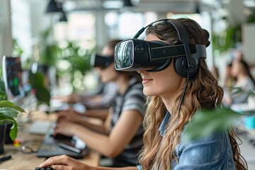 In a contemporary office space, young adults are engaged in virtual reality experiences wearing headsets, surrounded by greenery, showcasing their focus and enthusiasm for technology