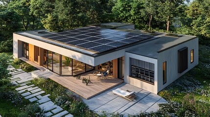 Modern eco-friendly home with solar panels surrounded by lush greenery.