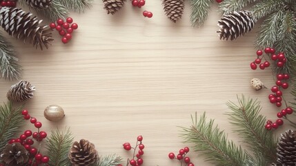 Christmas border of red berries, pine cones, and green fir branches framing an empty copy space on a light wood surface. Perfect for holiday content.