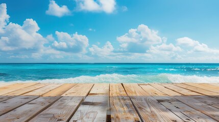Fototapeta premium Calm sea horizon view from a weathered wooden platform, evoking tranquility