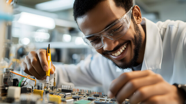 Happy technician smiling while fixing a circuit board