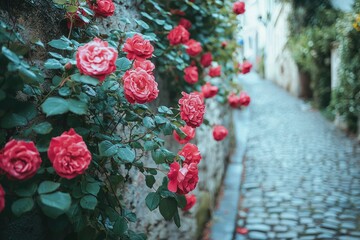 A Wall of Roses Blooming in a Stone Courtyard