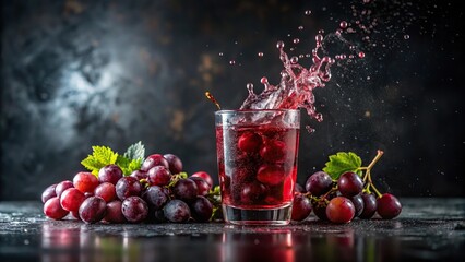 Fresh grape juice splashing in glass with dark background