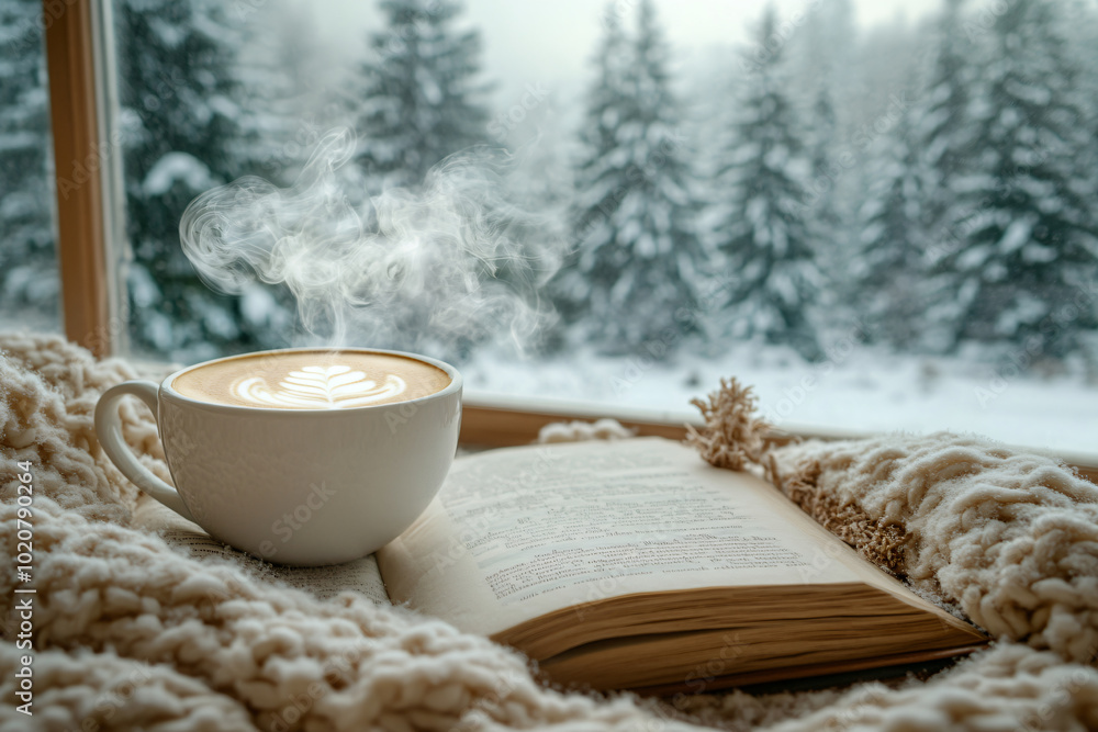 Wall mural cup of hot morning coffee, opened book on windowsill of cottage. mug of cappuccino with cosy knitted