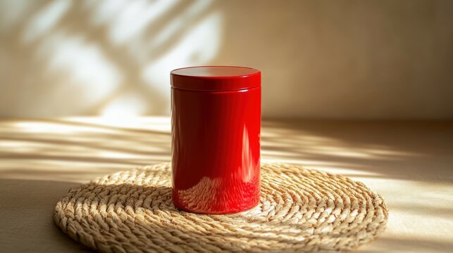 red canister on woven mat