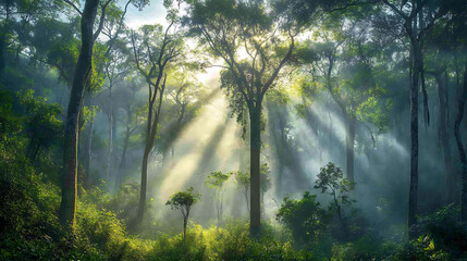 Obraz premium lush green forest landscape in the morning mist, with tall trees and sunlight filtering through the canopy
