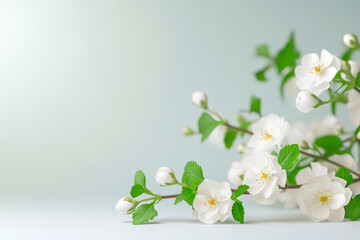 Obraz premium A cluster of pristine white flowers with vibrant green leaves elegantly spread across a soft backdrop, evoking tranquility and freshness in a serene setting