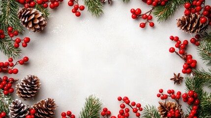 Christmas frame of red berries and pine cones on a light gray background with open copy space in the middle for holiday-themed messages or designs.