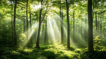 Fototapeta premium lush green forest landscape in the morning mist, with tall trees and sunlight filtering through the canopy