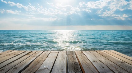 Fototapeta premium Calm sea horizon view from a weathered wooden platform, evoking tranquility