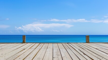 Fototapeta premium Calm sea horizon view from a weathered wooden platform, evoking tranquility
