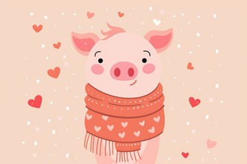 Cute piglet in scarf with heart pattern